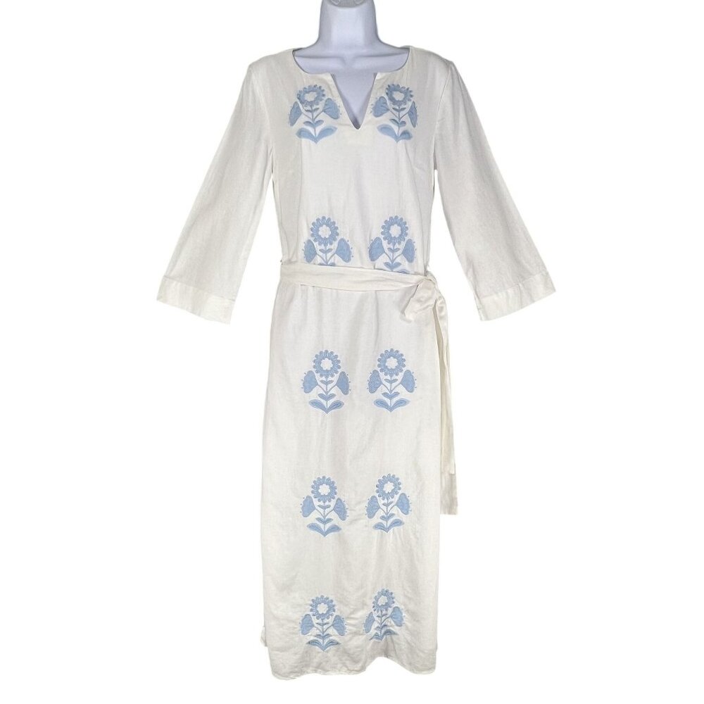 crown & ivy White Maxi Dress with Light Blue Floral Embroidery